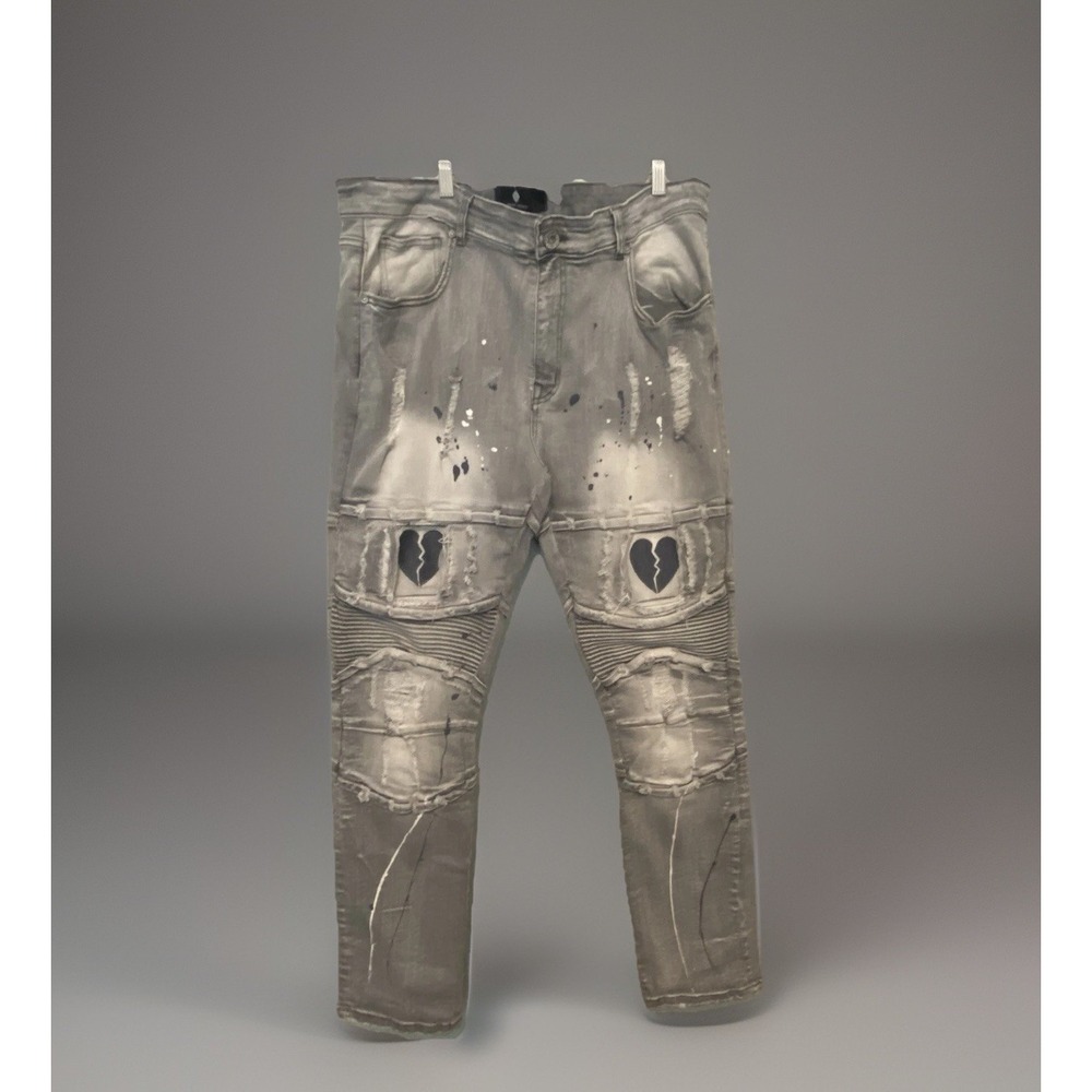 Focus Heartbreaker Jeans Distressed Embroidered Men's Jeans Heart‎ Gray Denim